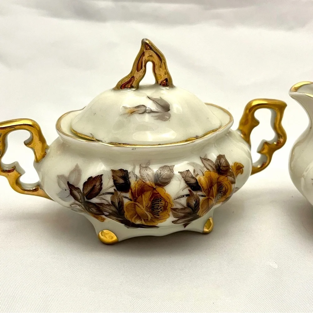 Royal Sealy Sugar Bowl w/ Lid & Creamer, Brown Orange Floral Pattern, VTG EUC